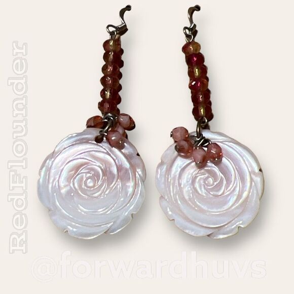 Exquisite Silvertone Dangle Earrings | Carved Rose Mother of Pearl | Flower Them - Picture 1 of 8